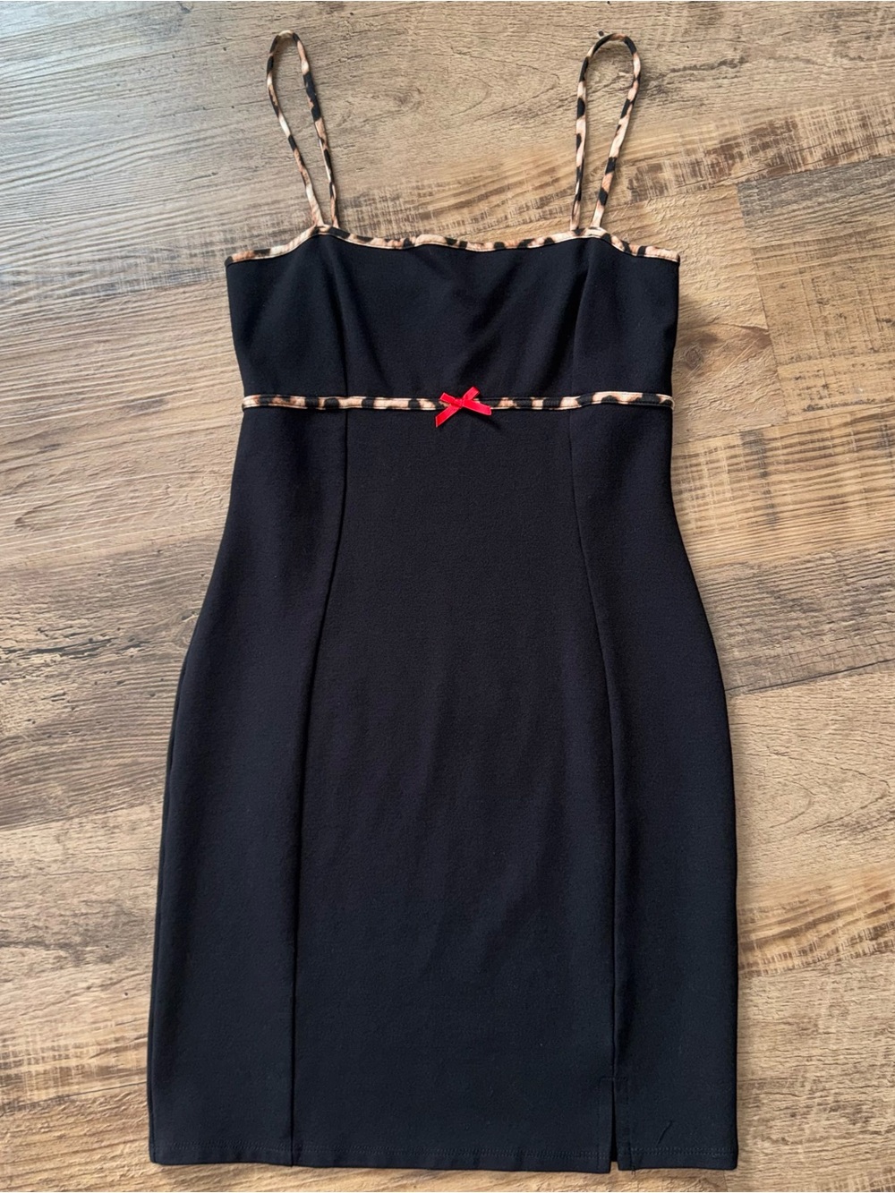 Y2K Black Mini Dress Small Leopard Trim Red Bow Bodycon Club Party Goth Sexy